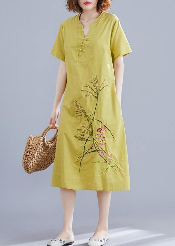 Handmade Chinese Button linen dresses Tutorials yellow embroidery Dress summer - SooLinen