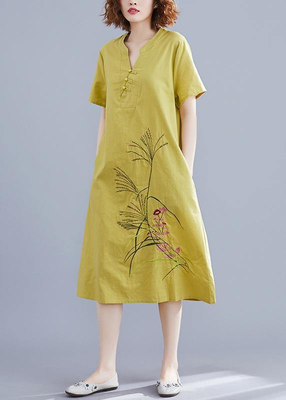 Handmade Chinese Button linen dresses Tutorials yellow embroidery Dress summer - SooLinen