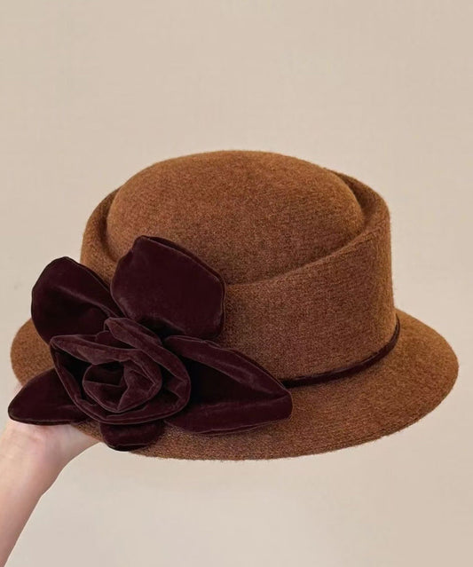 Handmade Coffee Floral Woolen Cloche Hat