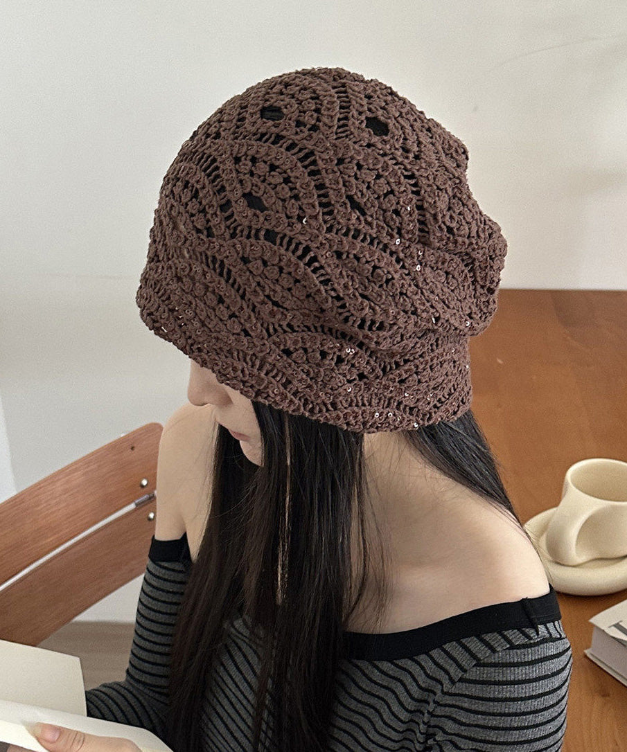 Handmade Coffee Hook Flower Sequin Thin Breathable Boonie Hat