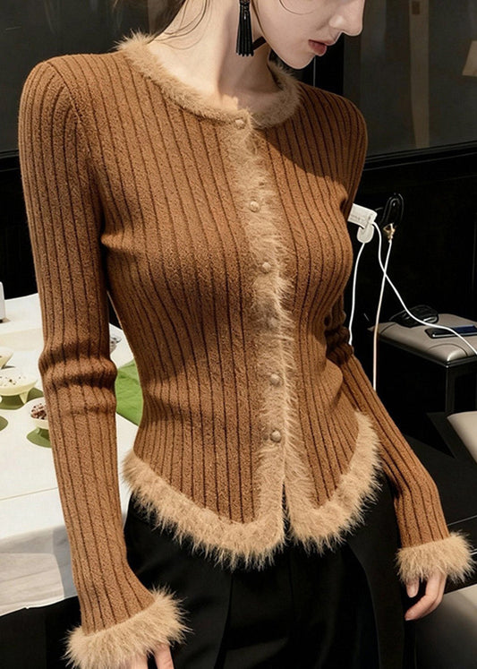 Handmade Coffee O Neck Fur Patchwork Knit Short Sweater Spring