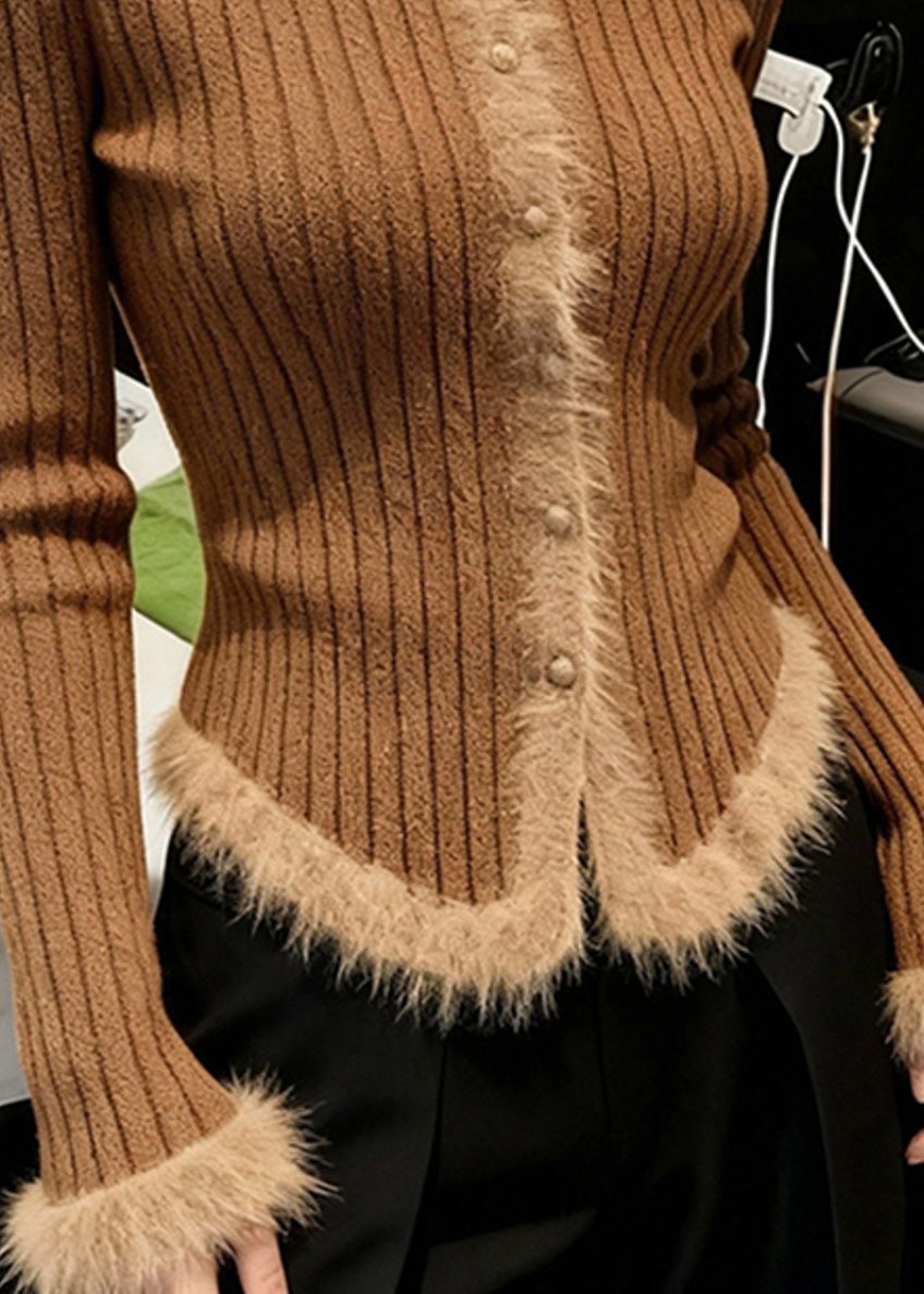 Handmade Coffee O Neck Fur Patchwork Knit Short Sweater Spring
