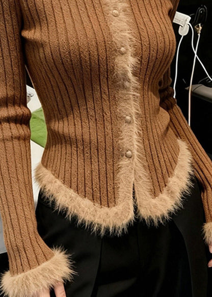 Handmade Coffee O Neck Fur Patchwork Knit Short Sweater Spring