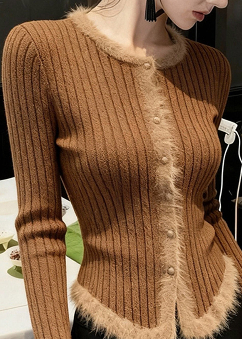 Handmade Coffee O Neck Fur Patchwork Knit Short Sweater Spring