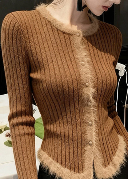 Handmade Coffee O Neck Fur Patchwork Knit Short Sweater Spring
