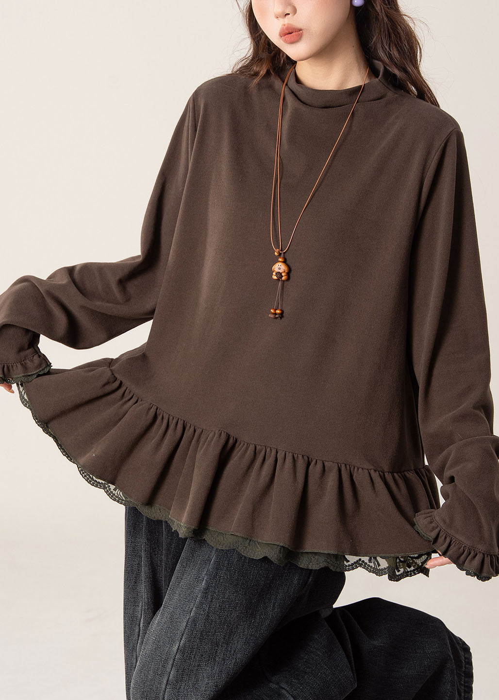 Handmade Coffee O-Neck Ruffled Patchwork Top Lantern Sleeve