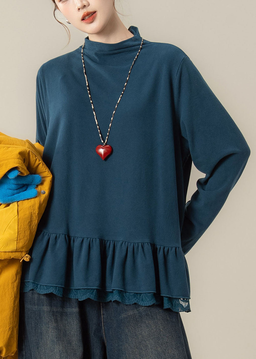 Handmade Coffee O-Neck Ruffled Patchwork Top Lantern Sleeve