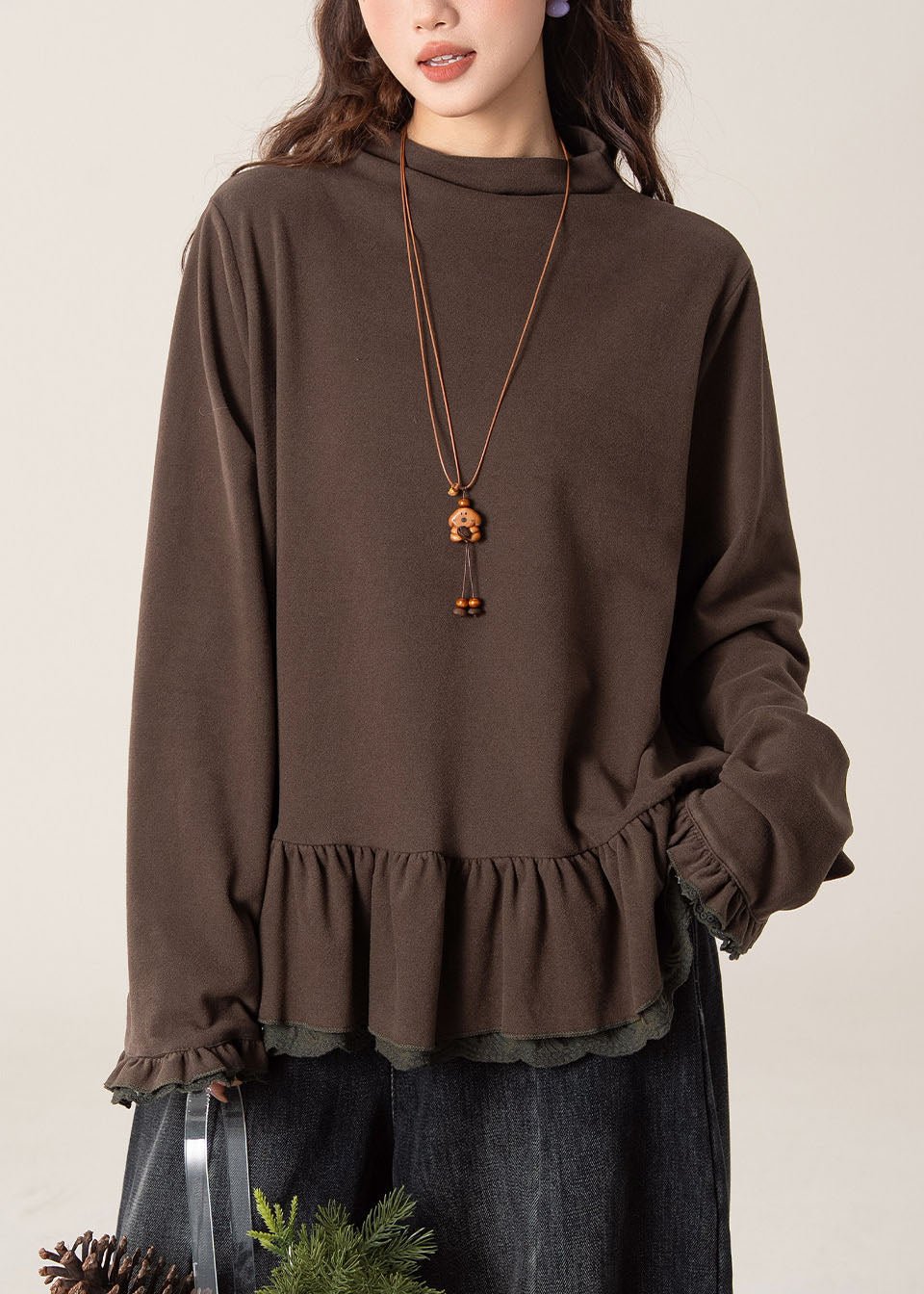 Handmade Coffee O-Neck Ruffled Patchwork Top Lantern Sleeve