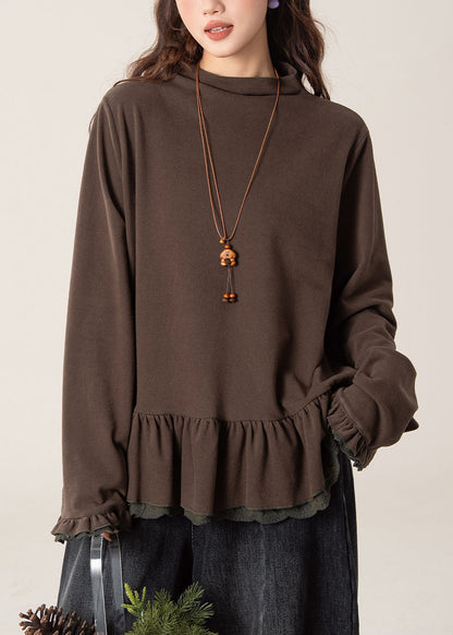 Handmade Coffee O-Neck Ruffled Patchwork Top Lantern Sleeve
