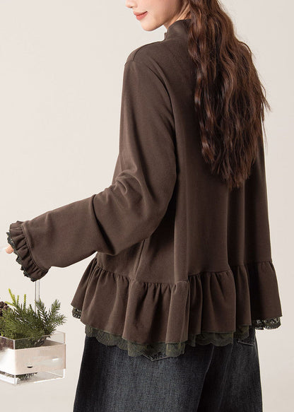 Handmade Coffee O-Neck Ruffled Patchwork Top Lantern Sleeve