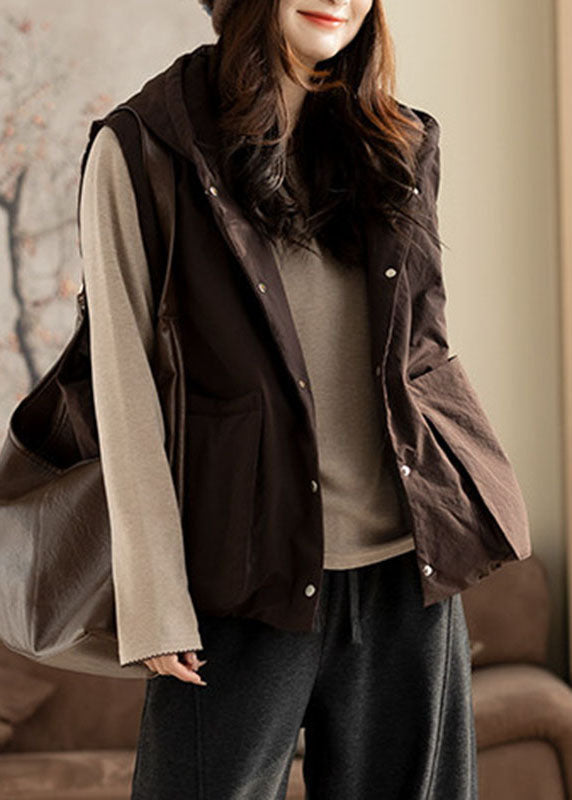 Handmade Coffee Pockets Patchwork Solid Hooded Waistcoat Winter