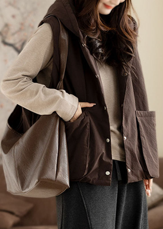 Handmade Coffee Pockets Patchwork Solid Hooded Waistcoat Winter