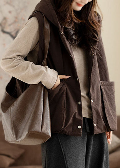 Handmade Coffee Pockets Patchwork Solid Hooded Waistcoat Winter