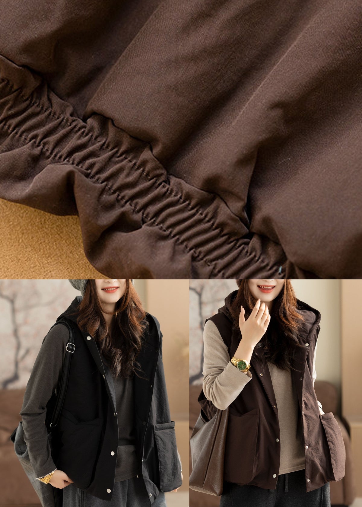 Handmade Coffee Pockets Patchwork Solid Hooded Waistcoat Winter