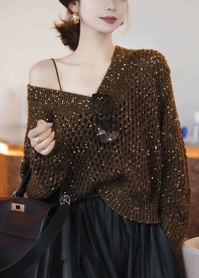 Handmade Coffee Sequins Hollow Out Cozy Knit Sweater Spring