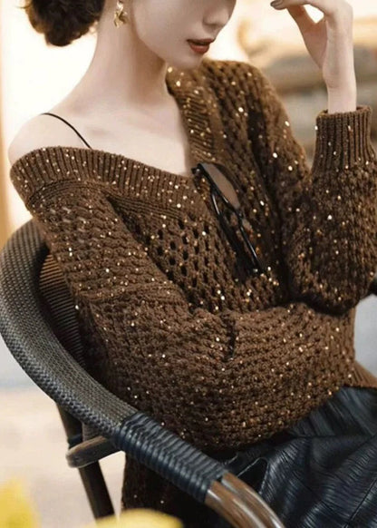 Handmade Coffee Sequins Hollow Out Cozy Knit Sweater Spring