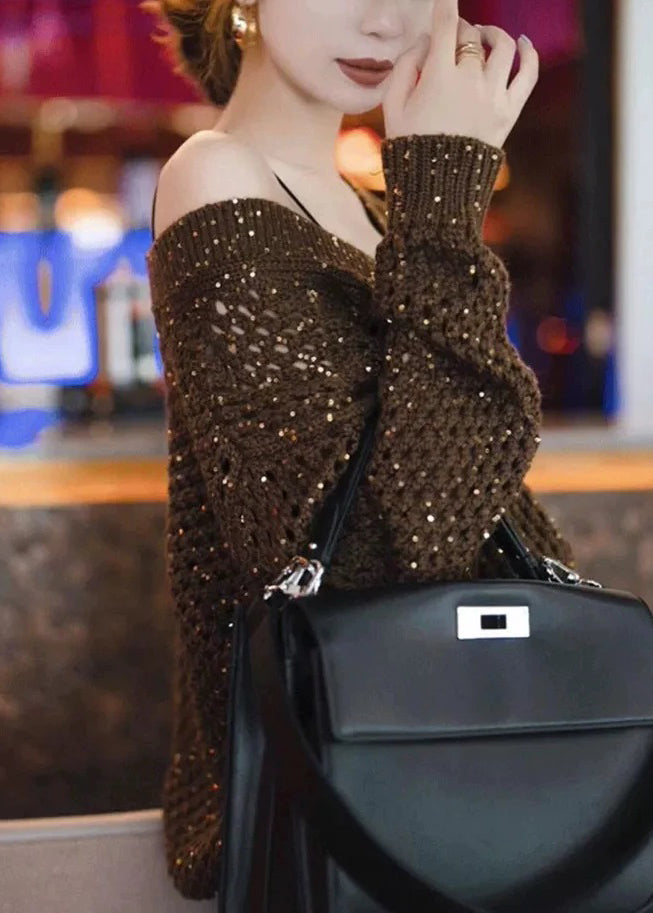 Handmade Coffee Sequins Hollow Out Cozy Knit Sweater Spring