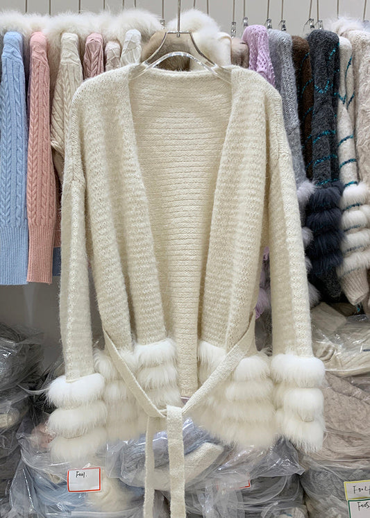 Handmade Coffee V Neck Patchwork Tie Waist Cotton Knit Cardigans Winter