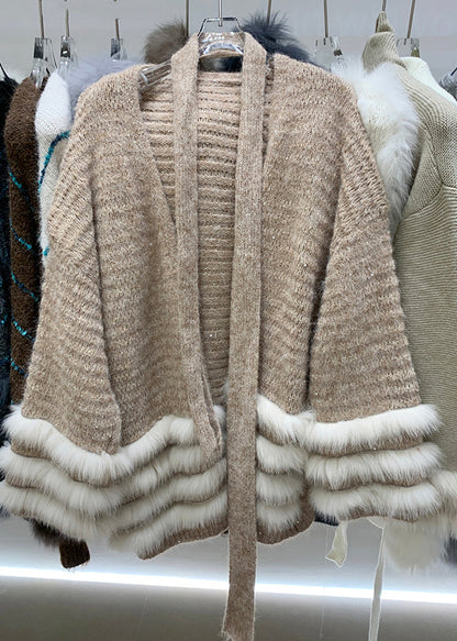 Handmade Coffee V Neck Patchwork Tie Waist Cotton Knit Cardigans Winter