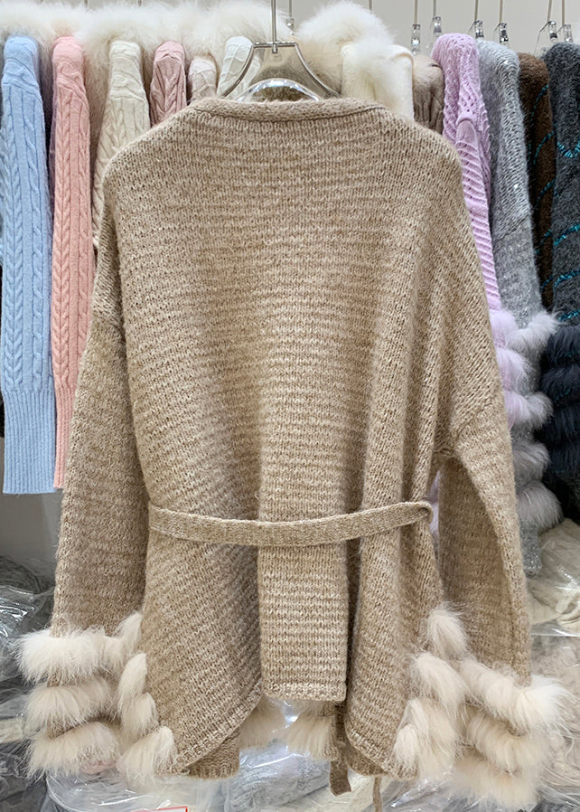 Handmade Coffee V Neck Patchwork Tie Waist Cotton Knit Cardigans Winter