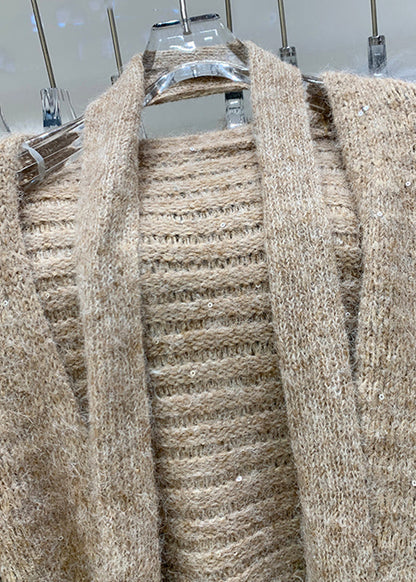 Handmade Coffee V Neck Patchwork Tie Waist Cotton Knit Cardigans Winter