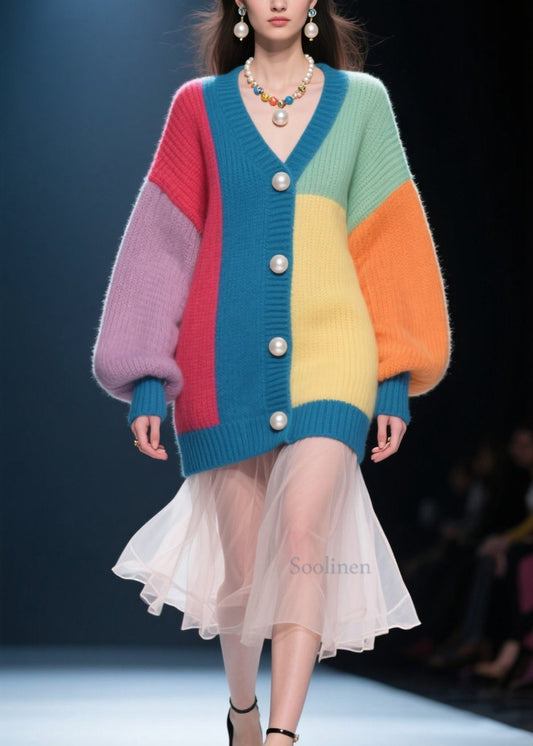 Handmade Colorblock Button V Neck Patchwork Knit Cardigan Fall