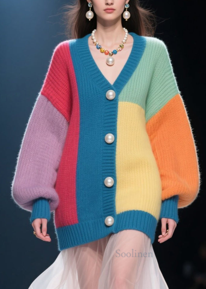 Handmade Colorblock Button V Neck Patchwork Knit Cardigan Fall