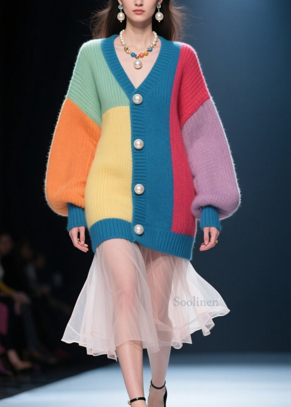 Handmade Colorblock Button V Neck Patchwork Knit Cardigan Fall