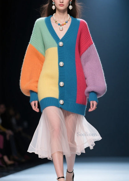 Handmade Colorblock Button V Neck Patchwork Knit Cardigan Fall