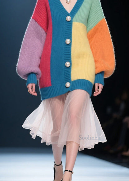 Handmade Colorblock Button V Neck Patchwork Knit Cardigan Fall