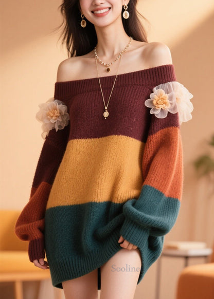Handmade Colorblock Cold Shoulder Floral Patchwork Knit Sweater Fall