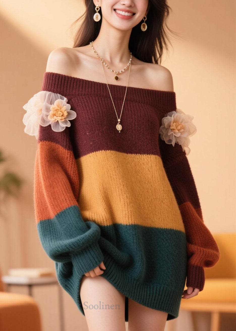 Handmade Colorblock Cold Shoulder Floral Patchwork Knit Sweater Fall