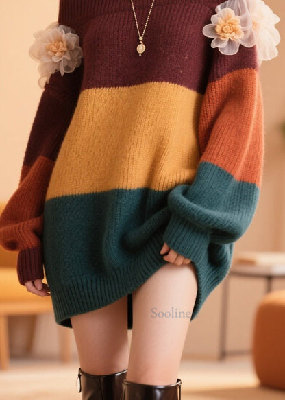 Handmade Colorblock Cold Shoulder Floral Patchwork Knit Sweater Fall