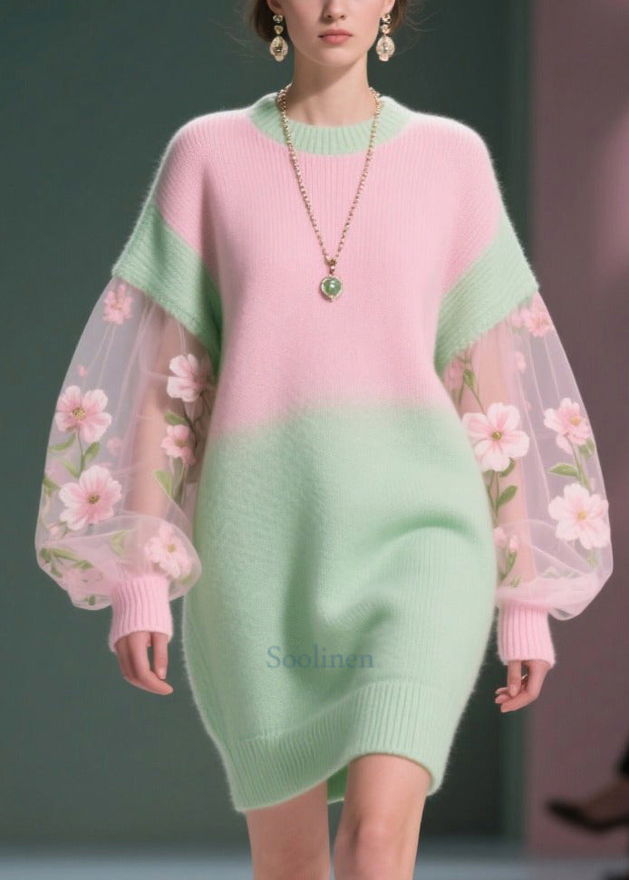 Handmade Colorblock Flower Patchwork Tulle Sweater Dress Winter