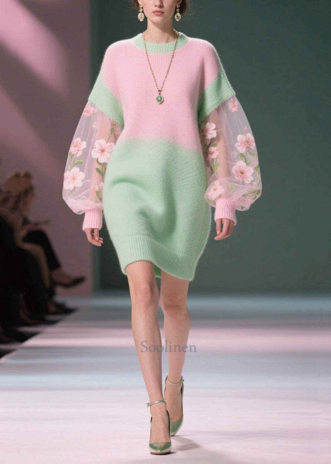 Handmade Colorblock Flower Patchwork Tulle Sweater Dress Winter