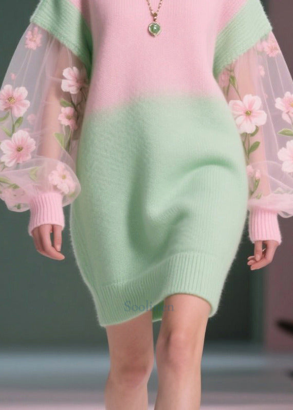 Handmade Colorblock Flower Patchwork Tulle Sweater Dress Winter