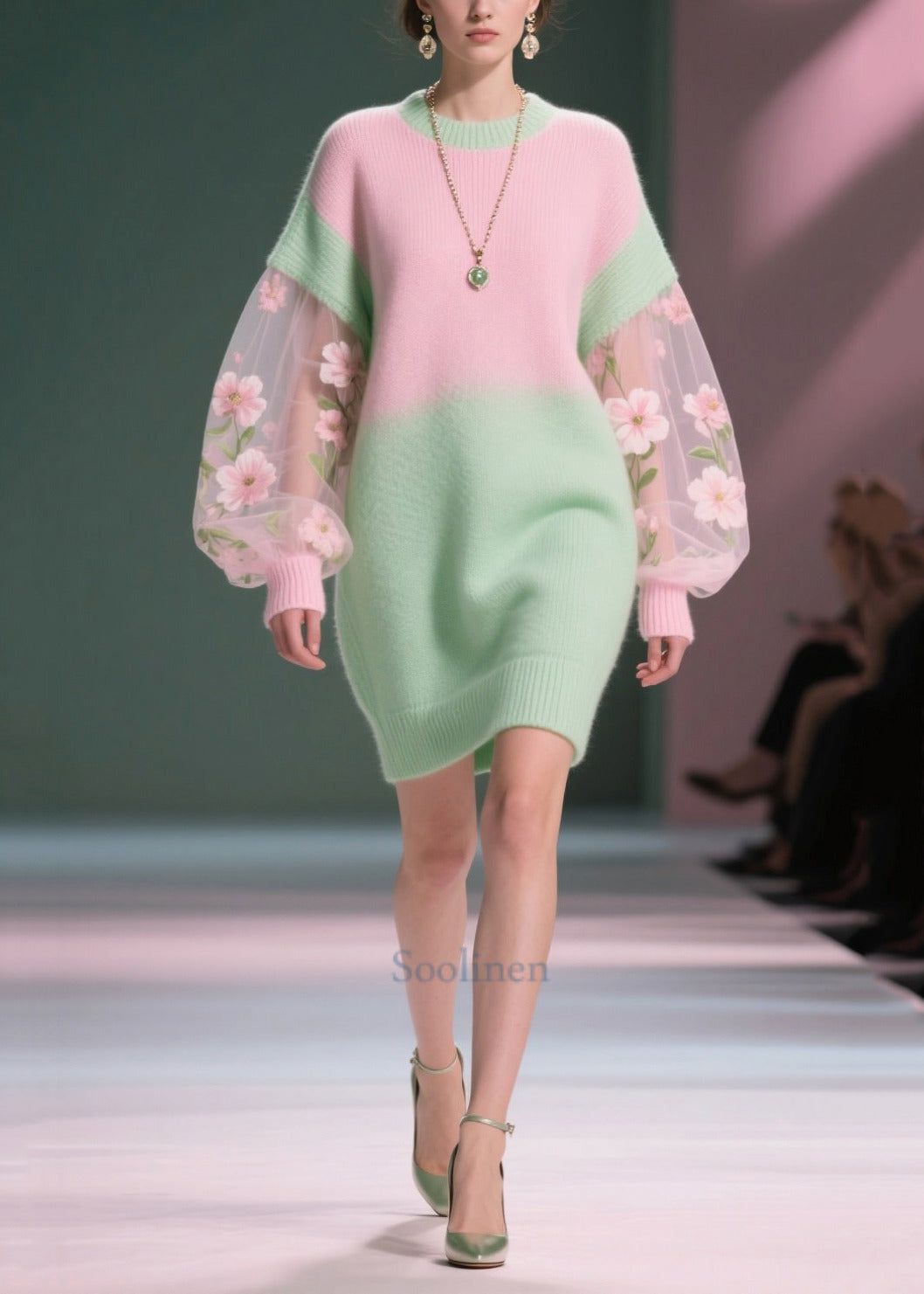 Handmade Colorblock Flower Patchwork Tulle Sweater Dress Winter