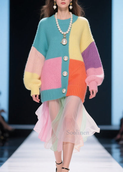 Handmade Colorblock O Neck Patchwork Knitted Tops Fall