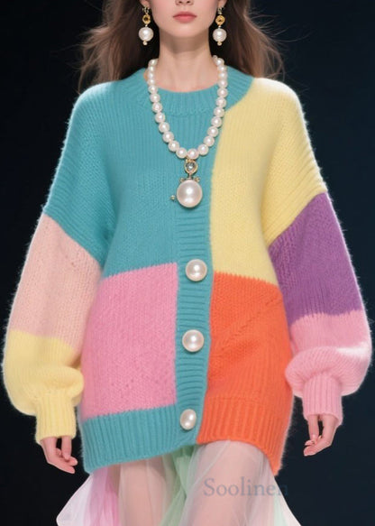 Handmade Colorblock O Neck Patchwork Knitted Tops Fall