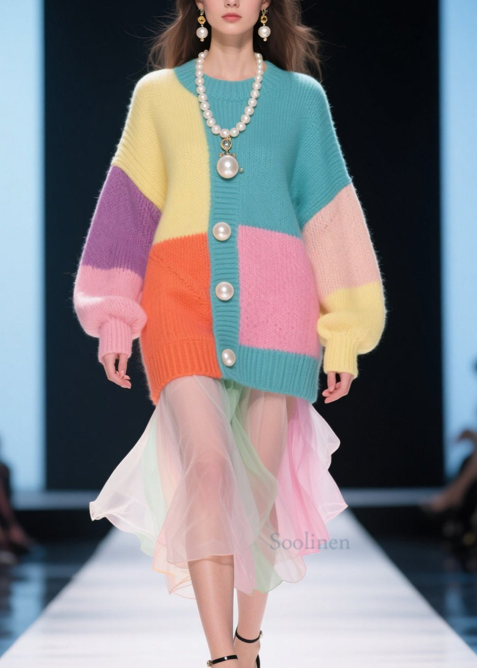 Handmade Colorblock O Neck Patchwork Knitted Tops Fall