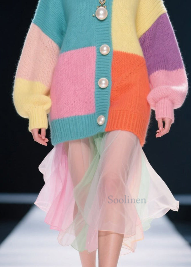 Handmade Colorblock O Neck Patchwork Knitted Tops Fall