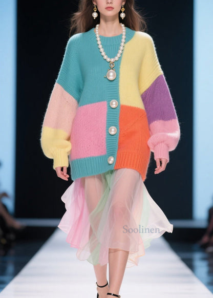 Handmade Colorblock O Neck Patchwork Knitted Tops Fall