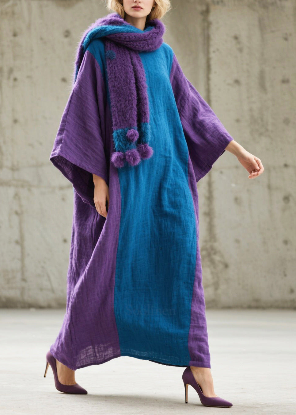 Handmade Colorblock Oversized Patchwork Cotton Maxi Dresses Fall