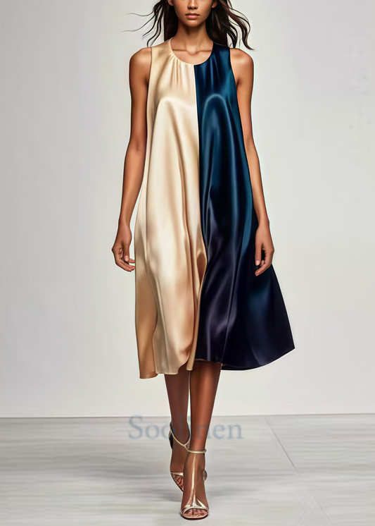 Handmade Colorblock Oversized Patchwork Silk Tea Dress Summer