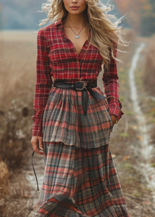 Handmade Colorblock Patchwork Cotton Dress Long Sleeve