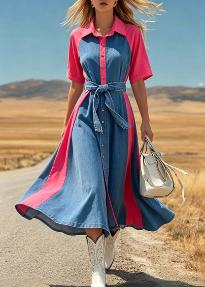 Handmade Colorblock Peter Pan Collar Tie Waist Button Long Dress Summer