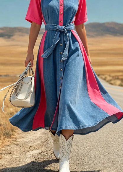 Handmade Colorblock Peter Pan Collar Tie Waist Button Long Dress Summer