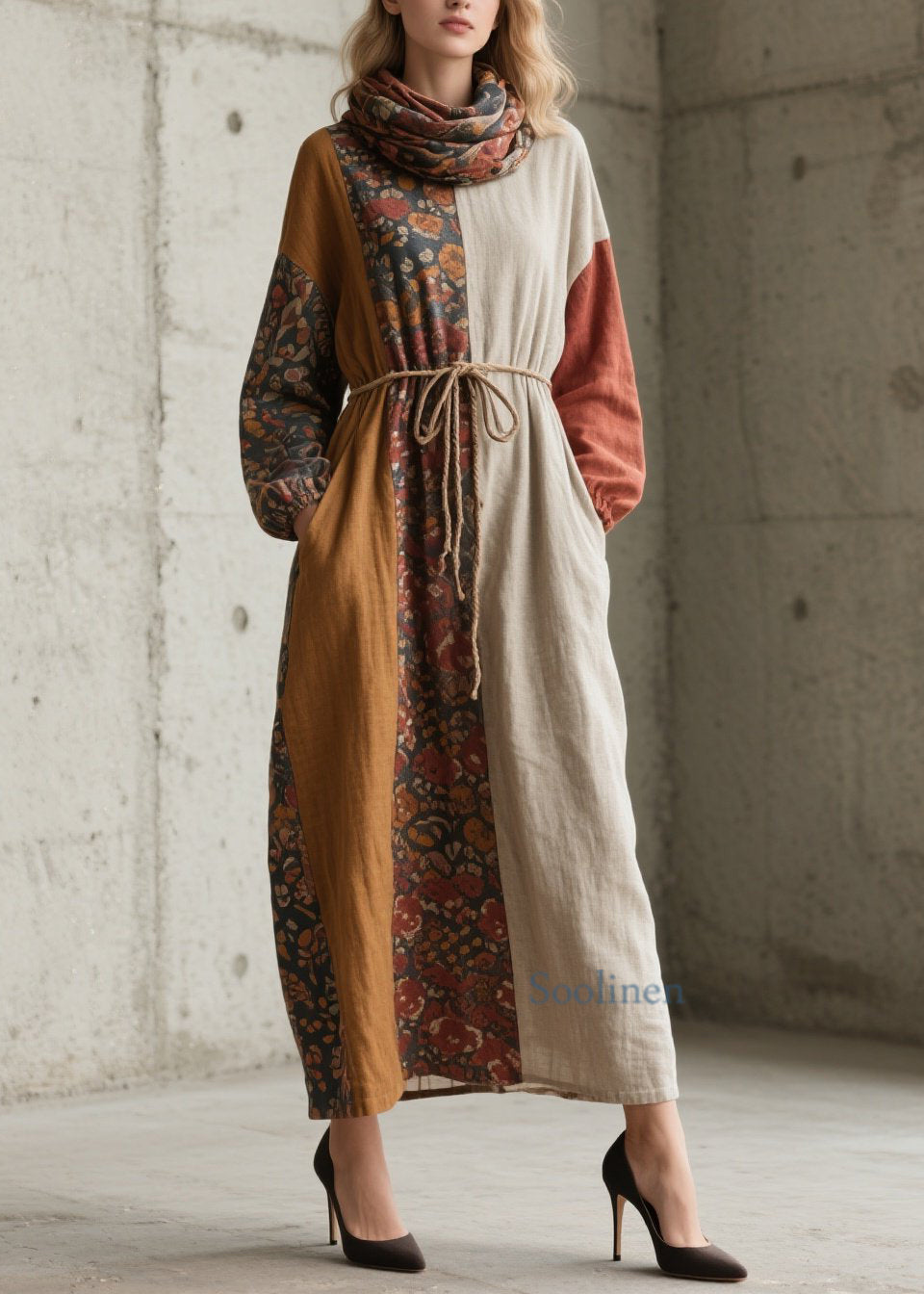 Handmade Colorblock Print Pockets Lace Up Cotton Dress Fall