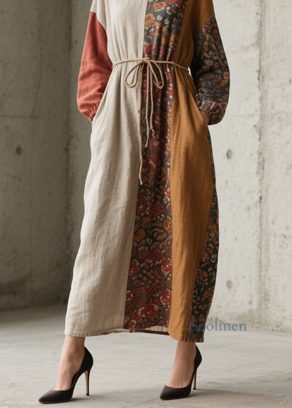 Handmade Colorblock Print Pockets Lace Up Cotton Dress Fall