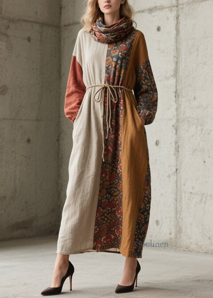 Handmade Colorblock Print Pockets Lace Up Cotton Dress Fall